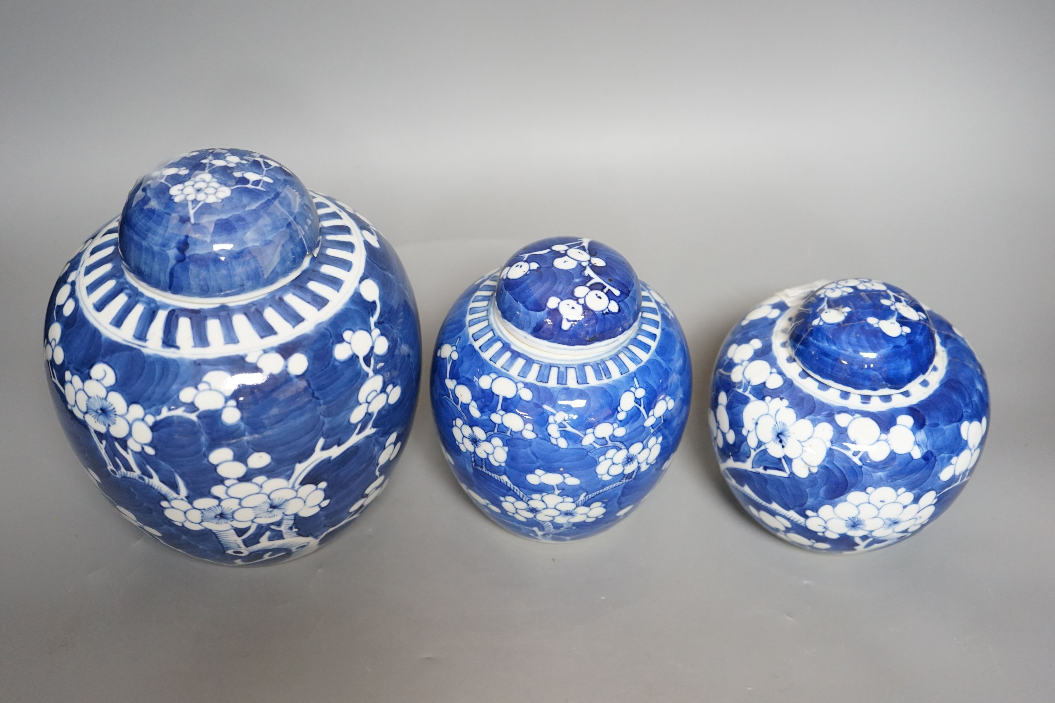 Three Chinese blue and white jars and covers, tallest 21cms high